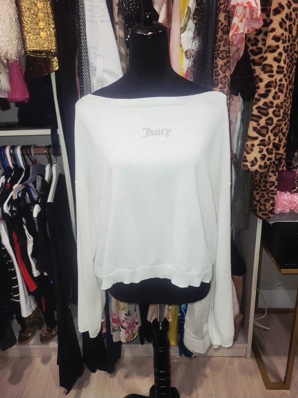 Juicy Couture Cream Off-Shoulder Logo Sweater